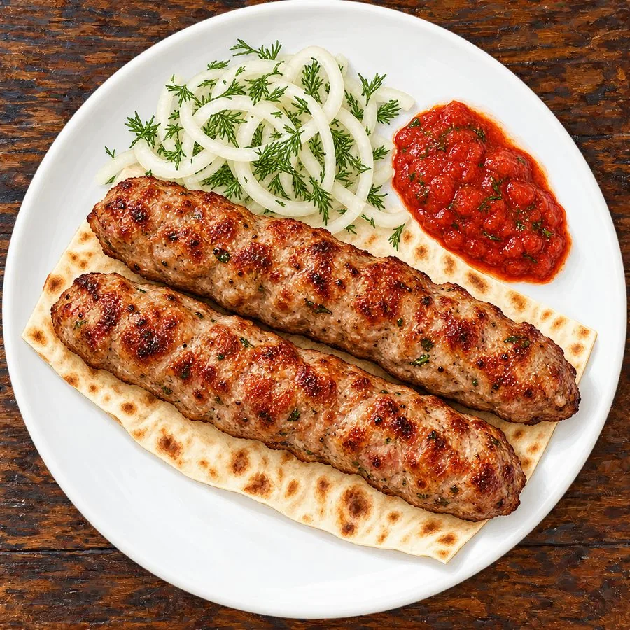 Два люля-кебаба на лаваше с луком и соусом