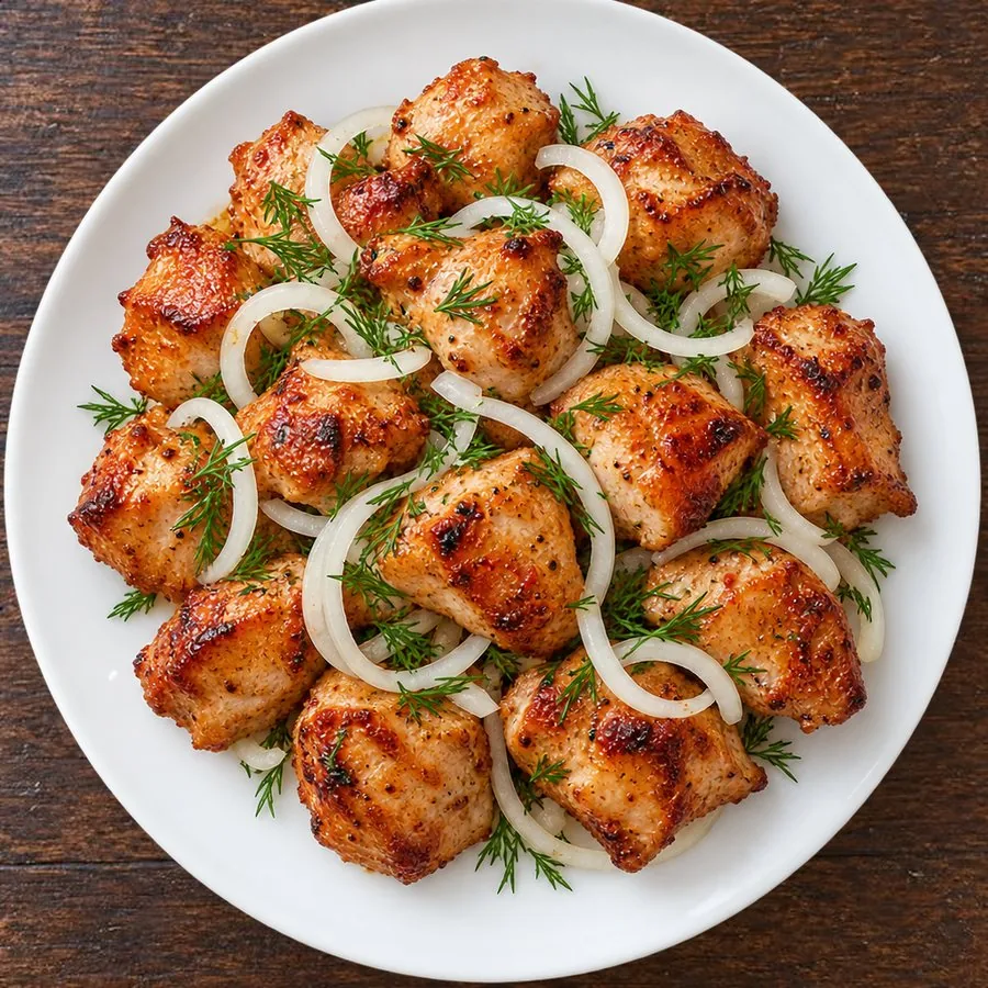 Куриный шашлык кусочками с луком и укропом на тарелке